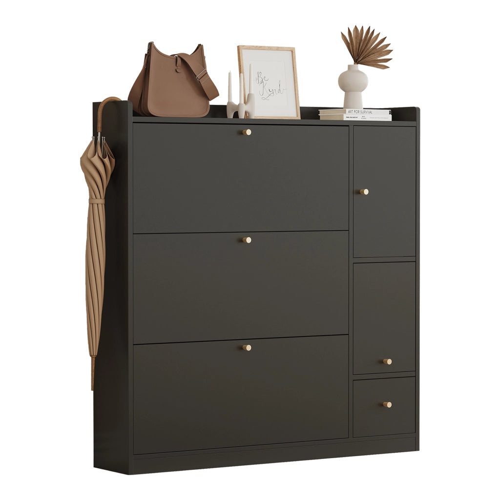 Scarpiera moderna con 3 ante a ribalta, cassetto e panca ribaltabile, colore nero, 119 x 24 x 122 cm
