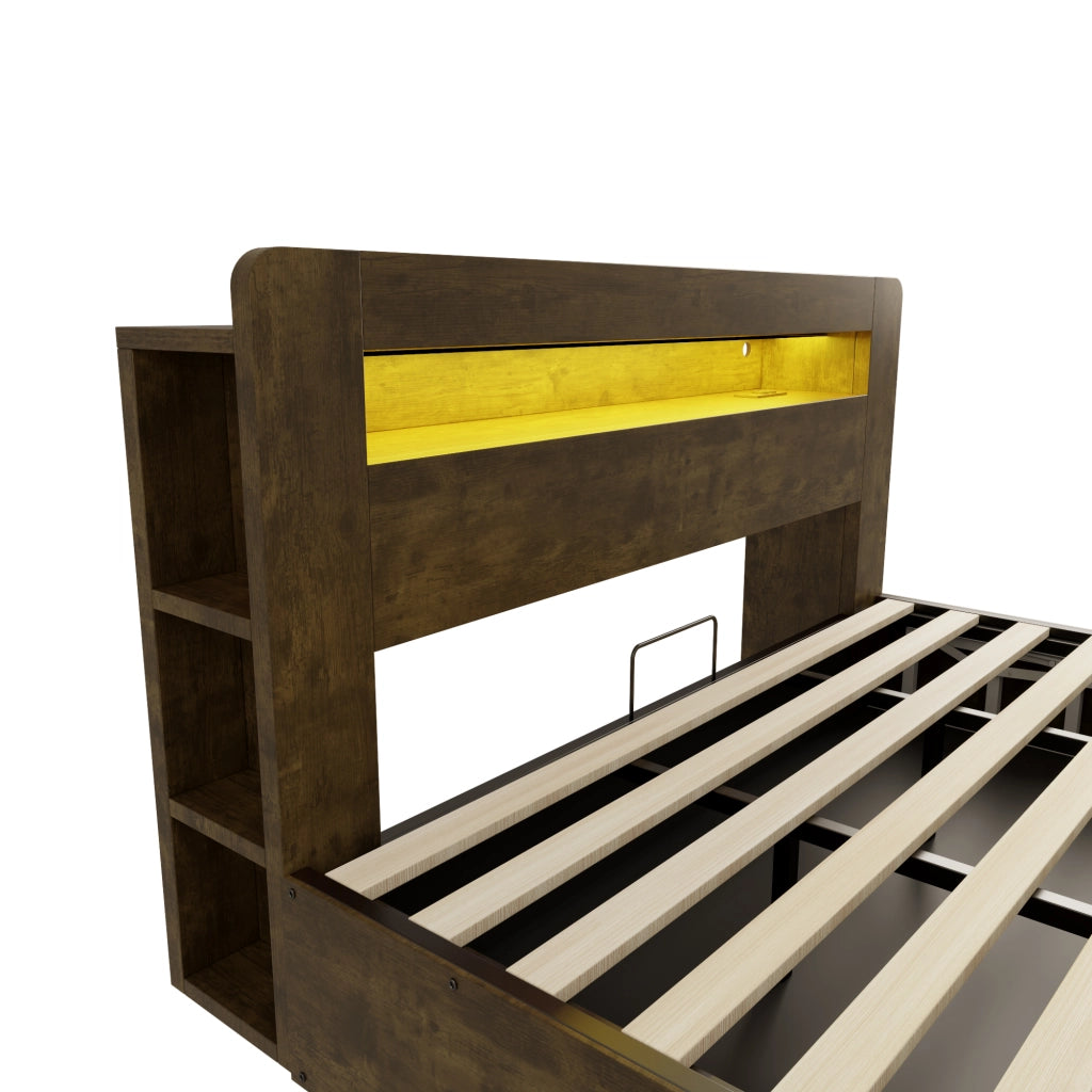 Letto contenitore matrimoniale 180×200 cm con LED; prese e ripiani testiera; senza materasso; legno vintage