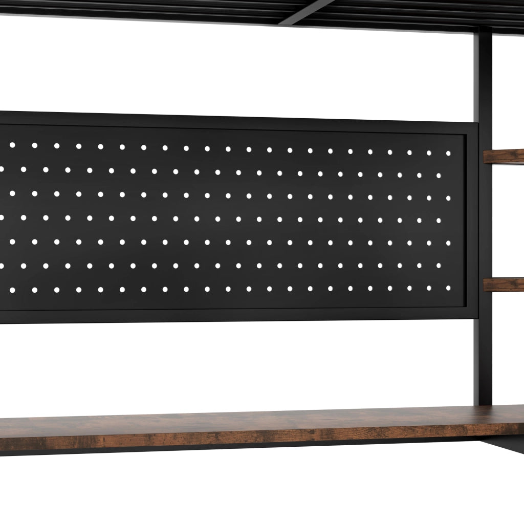 Letto a soppalco ULEVR 140x200 cm con scrivania, ripiani, LED, presa USB e Type-C, metallo e MDF nero