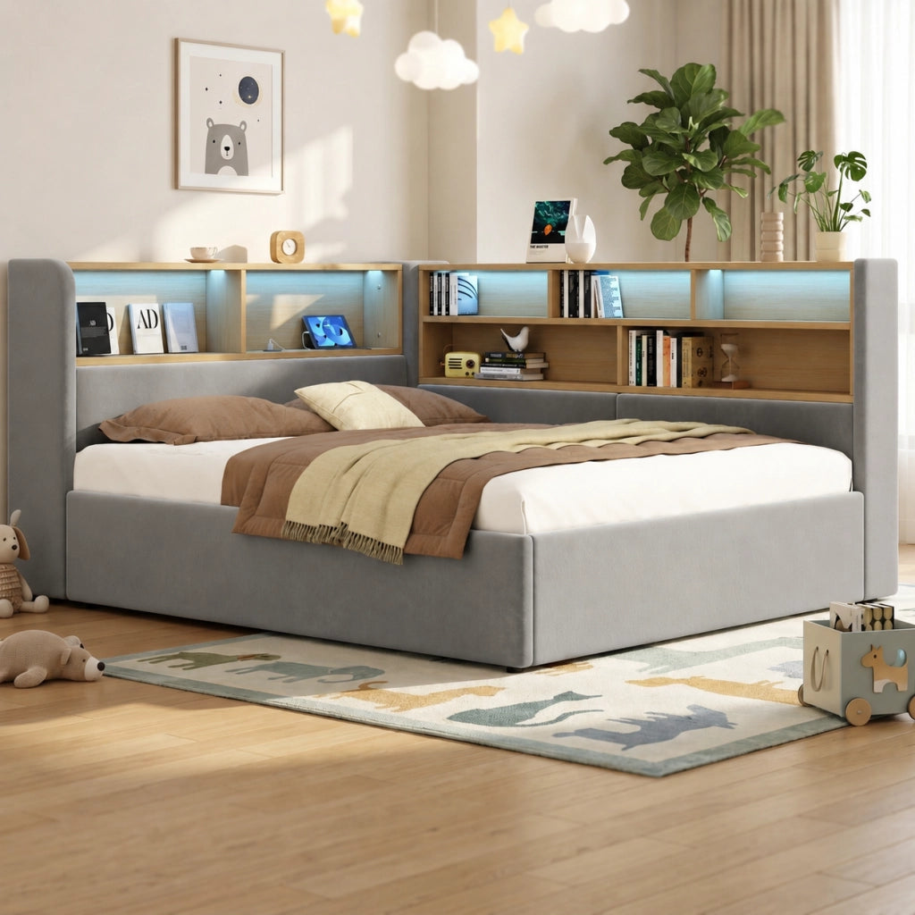 Letto contenitore 140x190 cm con sollevamento idraulico; LED; prese USB e rivestimento in velluto grigio