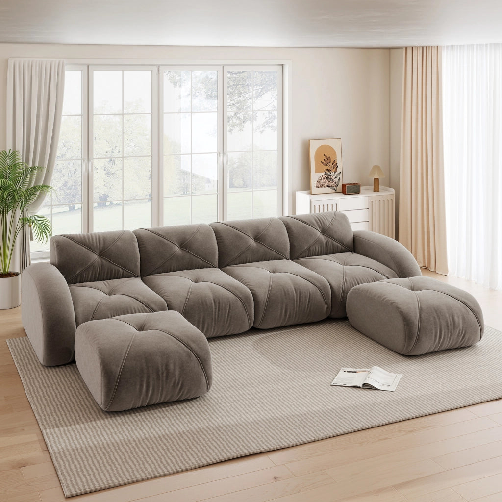 Divano modulare a U 4 posti con 2 pouf in chenille senza struttura interna e montaggio per soggiorno taupe