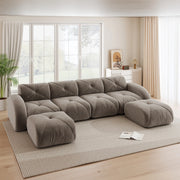 Divano modulare a U 4 posti con 2 pouf in chenille senza struttura interna e montaggio per soggiorno taupe