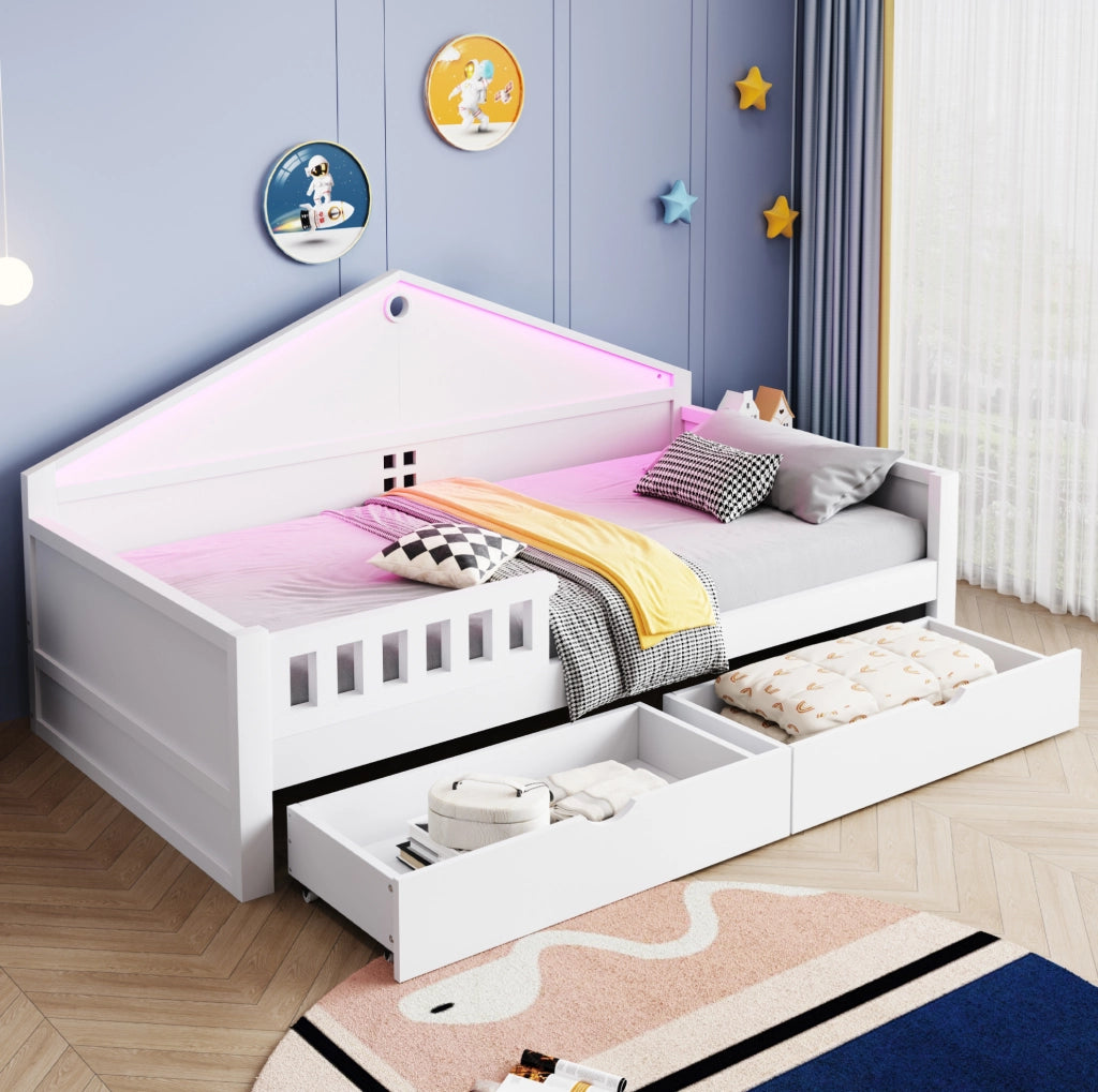 Letto singolo ULEVR 90x200 cm con 2 cassetti e barra LED controllabile da smartphone, bianco