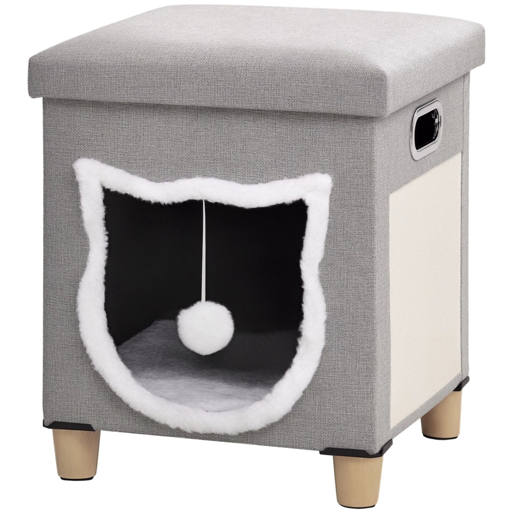 Casetta per Gatti con Tiragraffi e Cuscino ¨C zephmum ¨C Legno e Poliestere Crema Grigio 35.5x35.5x42.5 cm