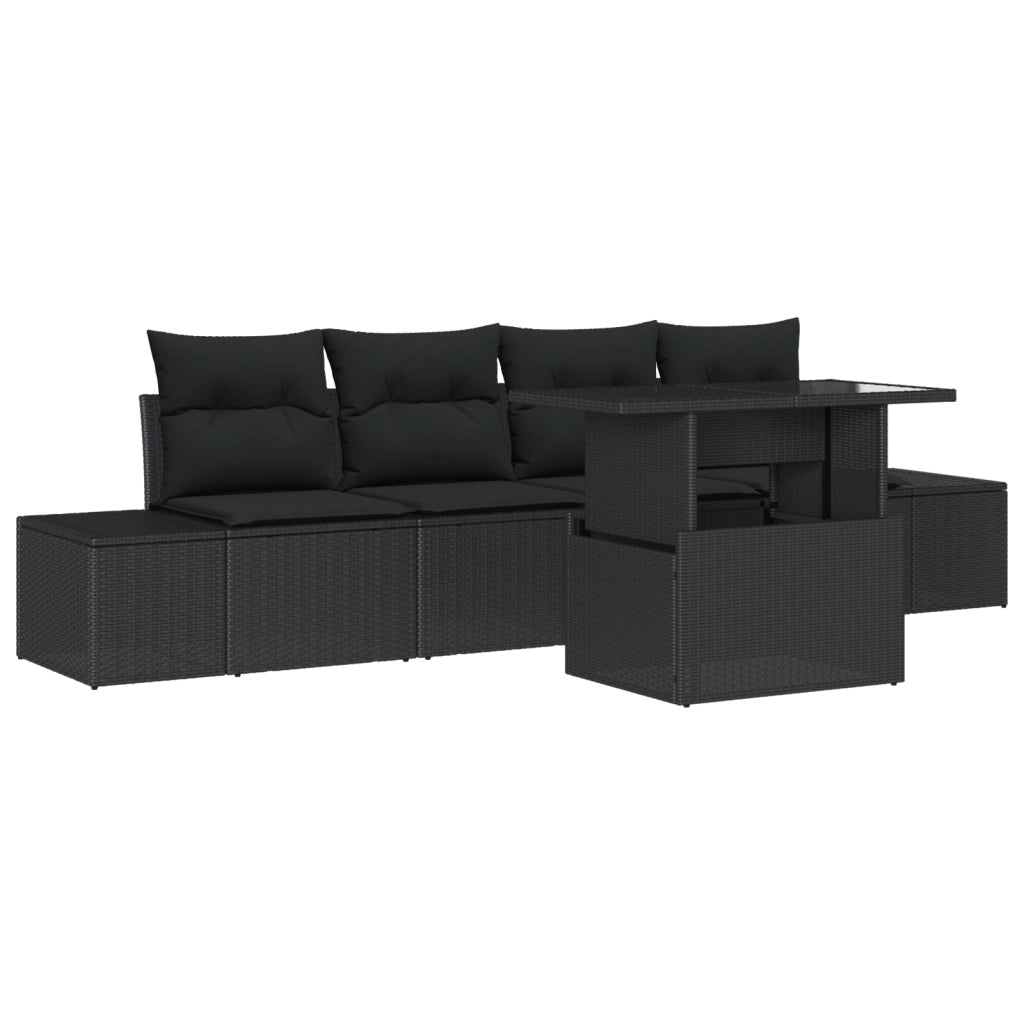 Set di 5 pezzi di divano da giardino con cuscini in polirattan nero