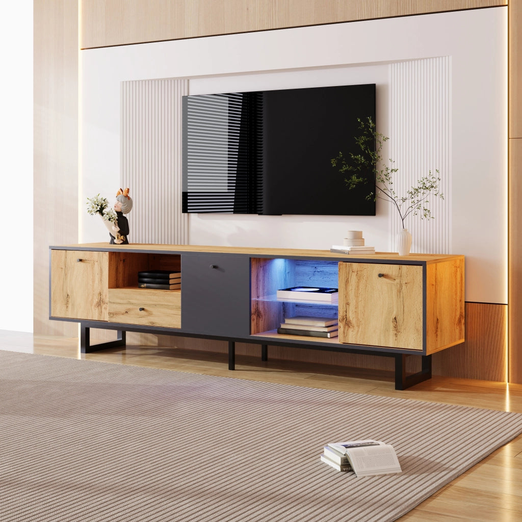 Mobile TV con 3 Ante; 1 Cassetto e 3 Vani e LED; Ripiani in Vetro; Stile Industriale; in Truciolare; Naturale; 190??40??50 cm
