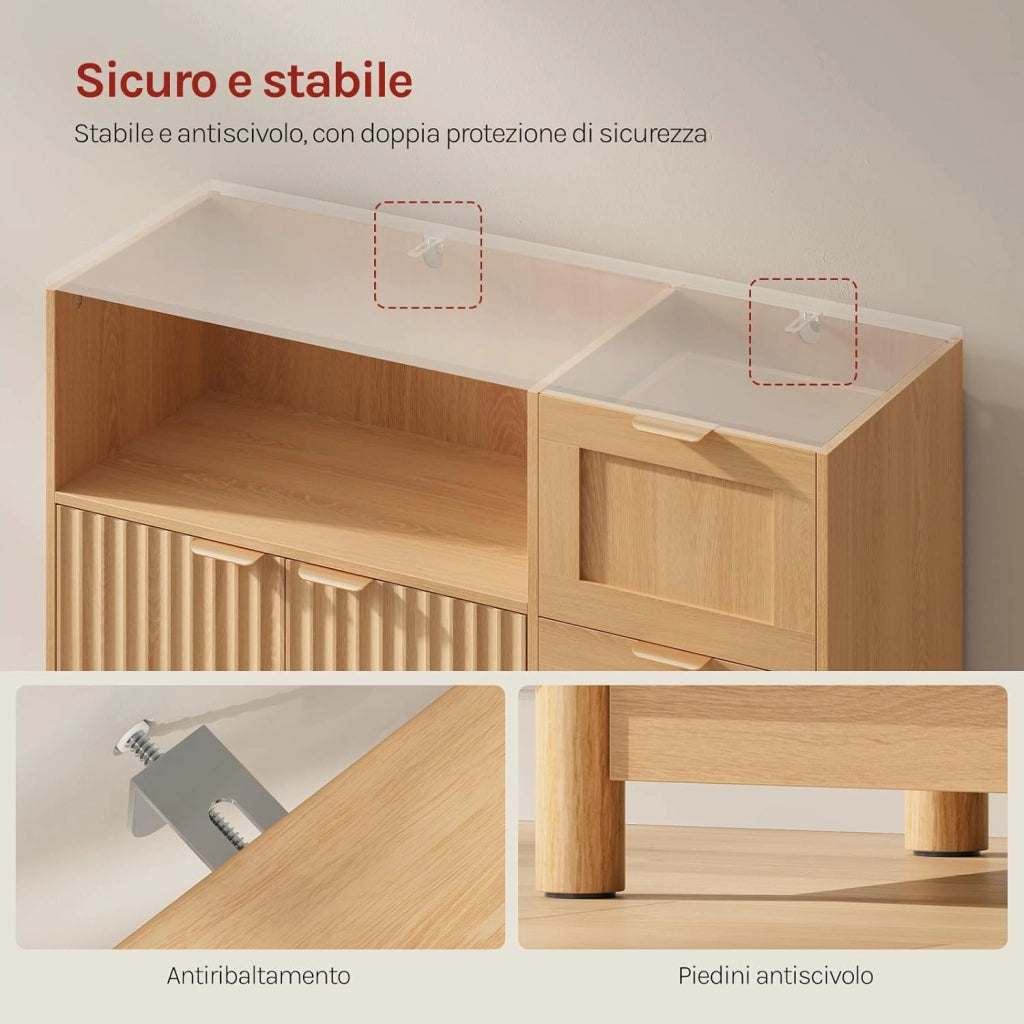 Credenza con 3 Cassetti, 2 Ante e 1 Scomparto Aperto, Mobile da Cucina Salvaspazio in Legno, con Ripiano Regolabile, per Soggiorno, Cucina, 90x35x80 cm, Effetto Legno