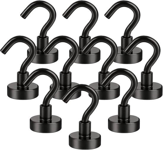 Hanger magnetici - 10 pezzi - Magnetici adatti a ponselli - Magnetici extra forti - Hanger magnetici senza traccia - Magnetici forti - Adatti per cucina, bagno, camera da letto, garage, armadietti, portascale - Nero