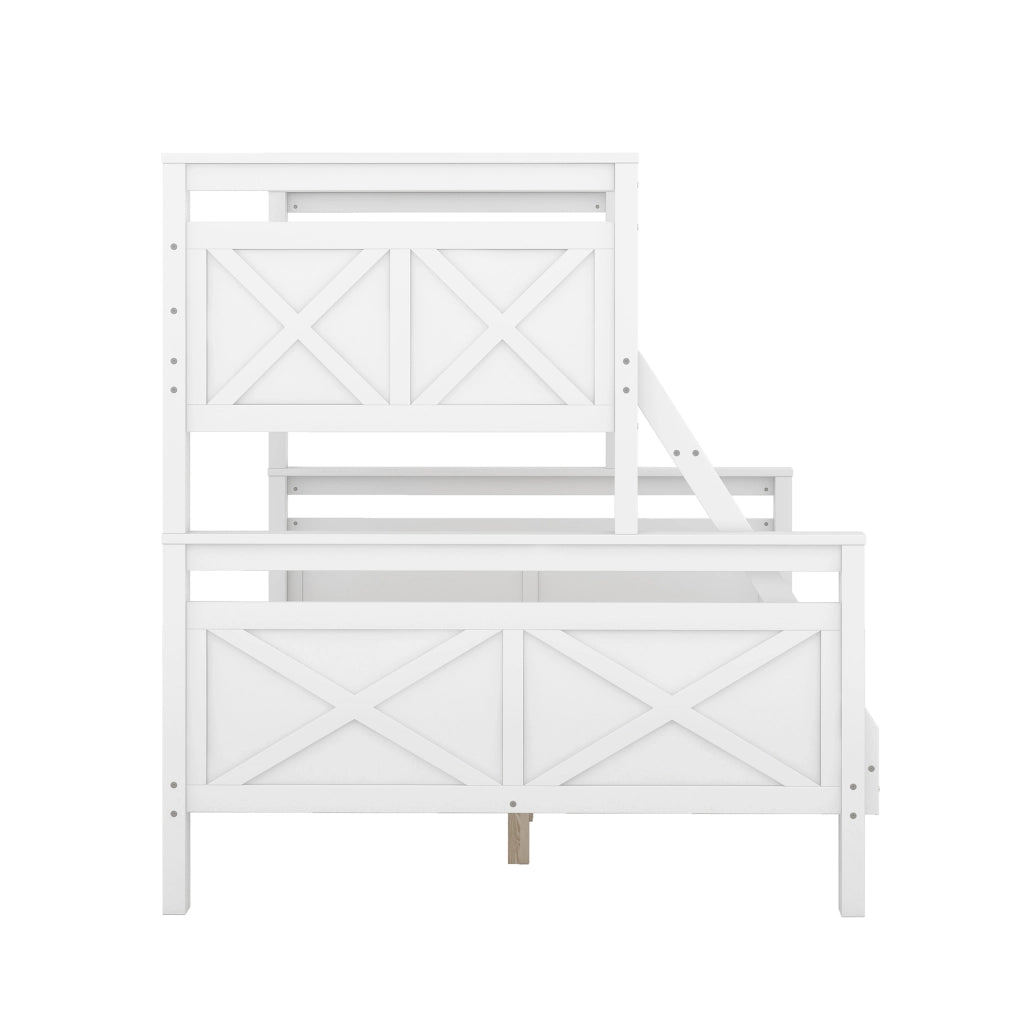 Letto a castello 90(140)x200 cm con scala e sponde di sicurezza in legno di pino e MDF bianco