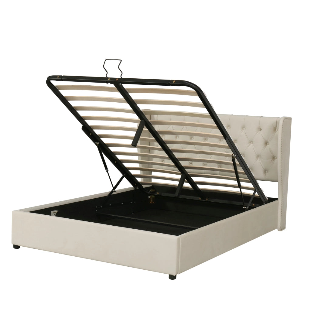 Letto matrimoniale imbottito Chesterfield in velluto beige 180x200 cm con rete a doghe e contenitore