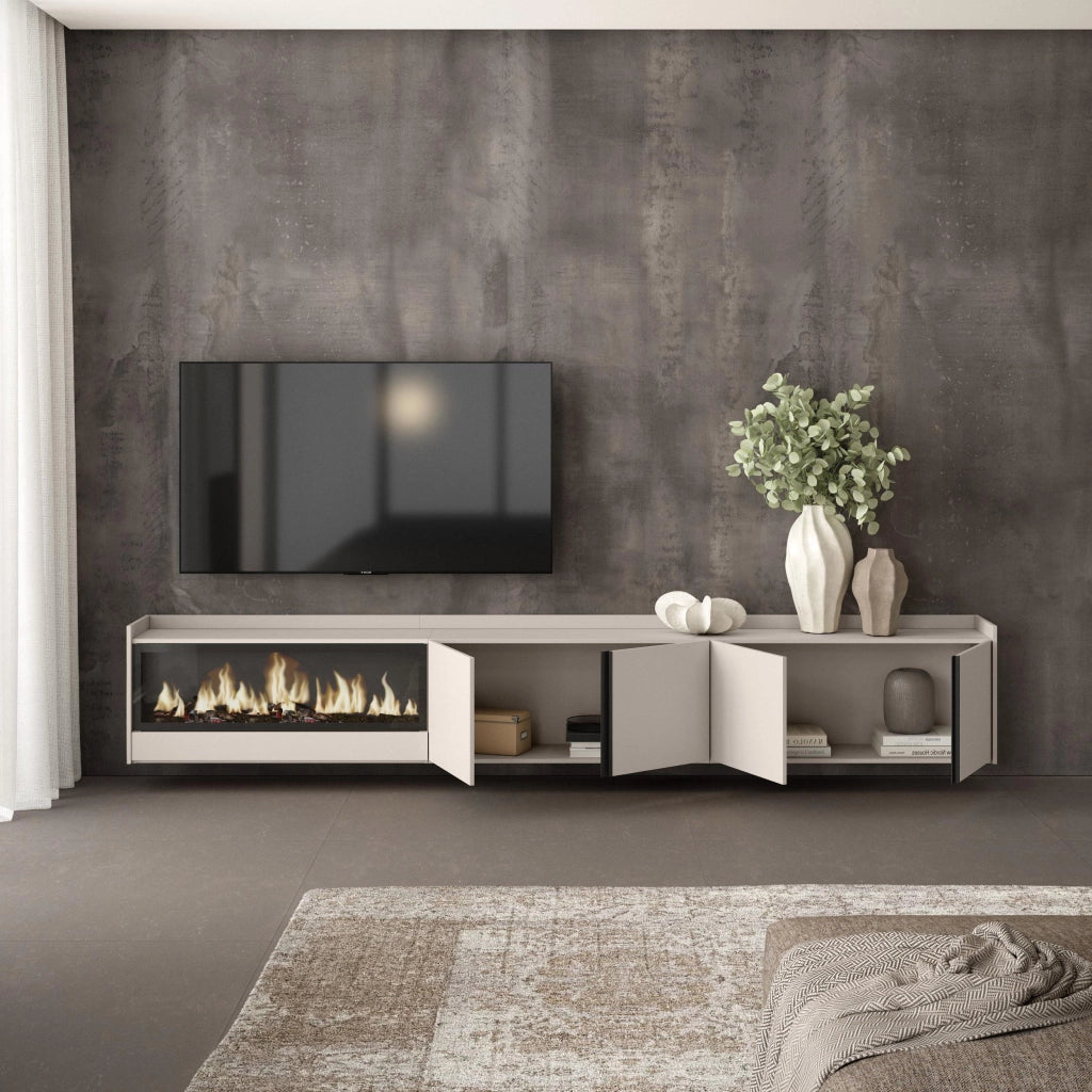 Mobile TV Soggiorno, 315x50x35 cm, Per TV fino a 80", Camino elettrico XXL, Sospeso, da appendere, Beige