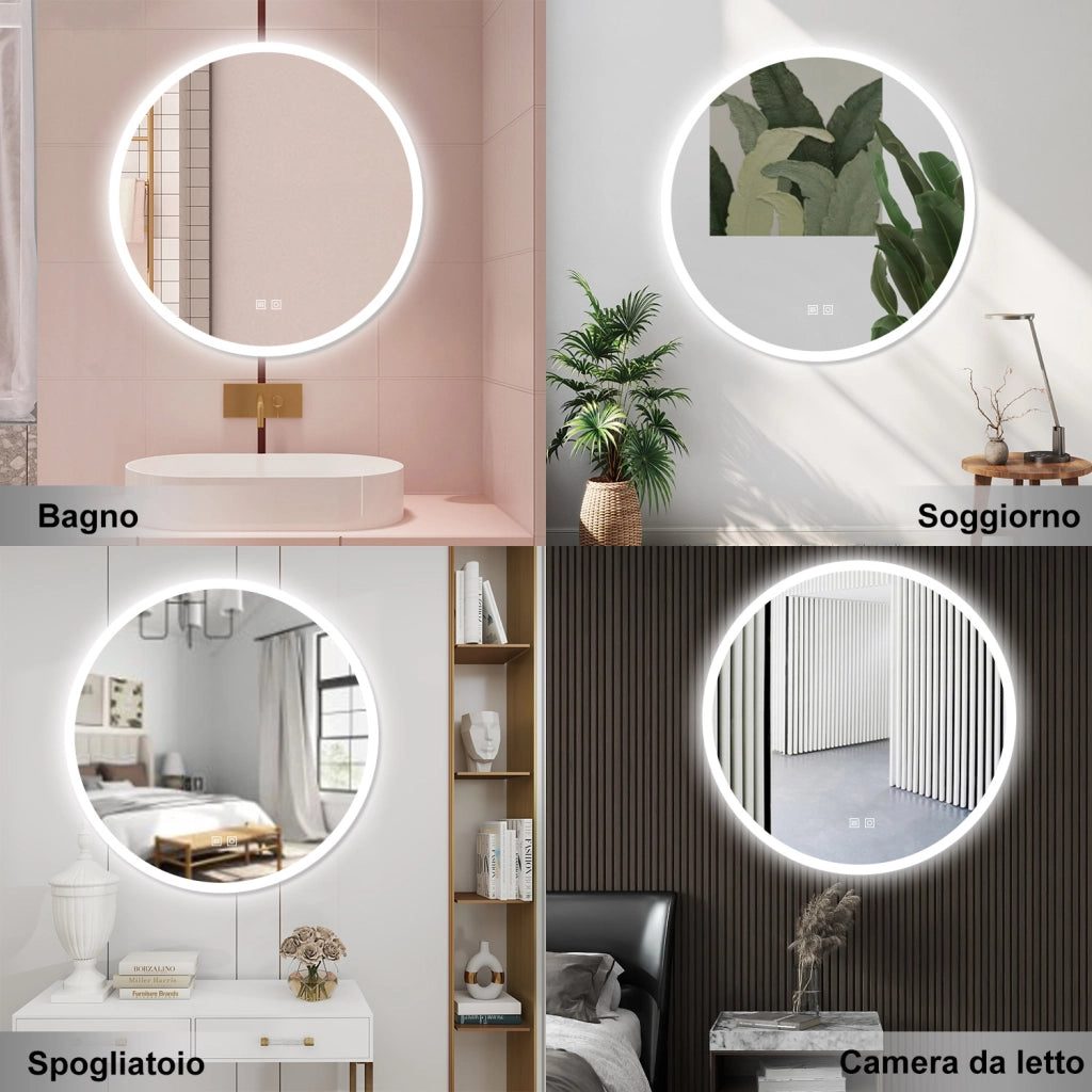 AICA Specchio da bagno 70 x 70 cm, 3 colori, antiappannamento, dimmerabile, interruttore touch, Funzione Memoria