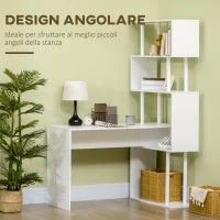 Scrivania Angolare Moderna in Truciolato per Ufficio e Studio con Ripiano a 4 Livelli, 120x80x176 cm, Bianco