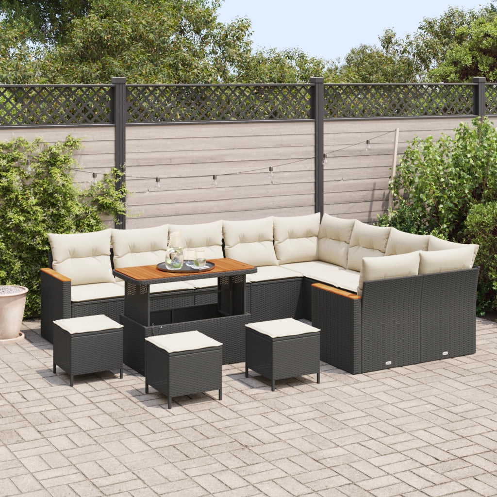 Set Divano da Giardino 13 Pezzi con Cuscini Nero Polyrattan Acacia