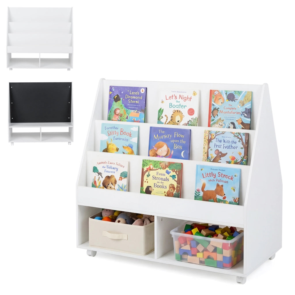 Libreria montessori con lavagna per bambini, Scaffale portagiochi con ruote con ripiani e scomparti in Bianco