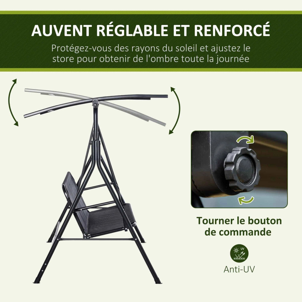 Dondolo da giardino 2 posti ¨C Xylo ¨C acciaio nero tetto regolabile 172x110x155 cm