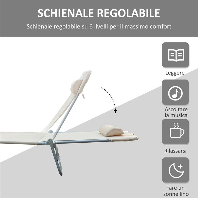 SET 2 LETTINI PRENDISOLE PIEGHEVOLI CON SCHIENALE RECLINABILE A 4 LIVELLI, METALLO E TESSUTO A RETE, BEIGE