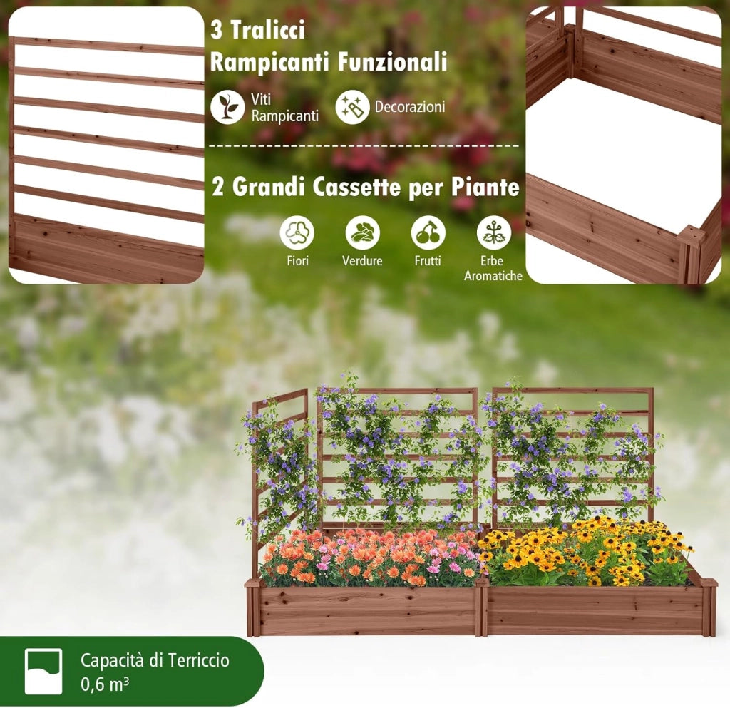 Letto Rialzato da Giardino con 2 Cassoni per Piantare e 3 Tralicci, Aiuola Rialzata da Giardino in Legno per Fiori, Erbe, Verdure, Frutta e Viti Rampicanti, 222 cm x 114 cm x 110 cm (Marrone)