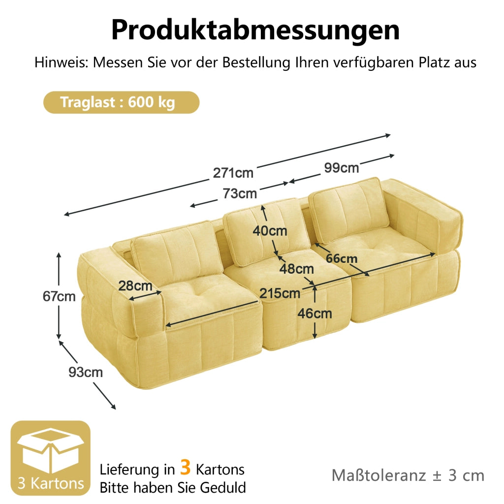 Divano modulare a 3 posti con seduta profonda e base antiscivolo in poliestere giallo 271 × 93 × 67 cm