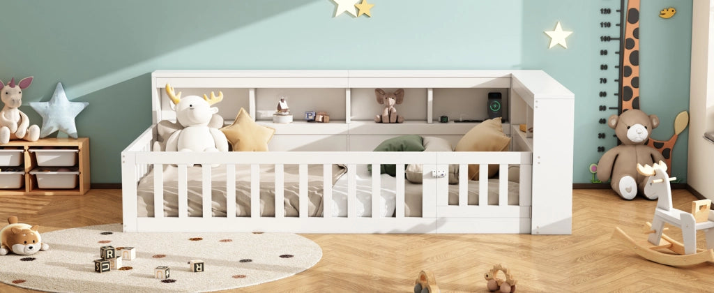 DESMIU Letto per bambini 90 × 200 cm con presa, USB, vano laterale e sponda, senza materasso, bianco