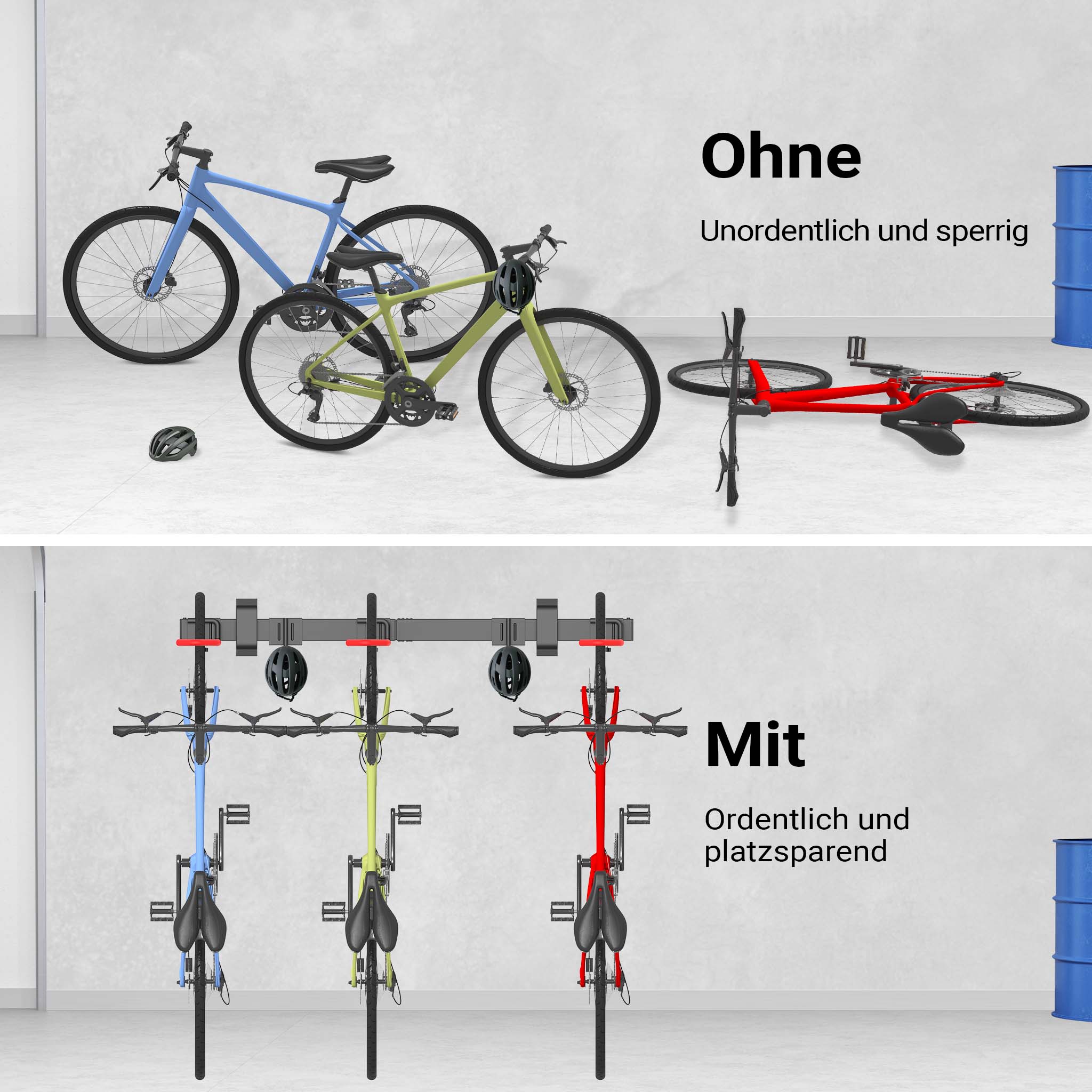 Portabici da muro per 3 biciclette e 2 caschi, 82,4 x 18 x 13,6 cm, max 95 kg, portabici da parete universale, facile installazione, supporto con 3 ganci appendi bici in acciaio