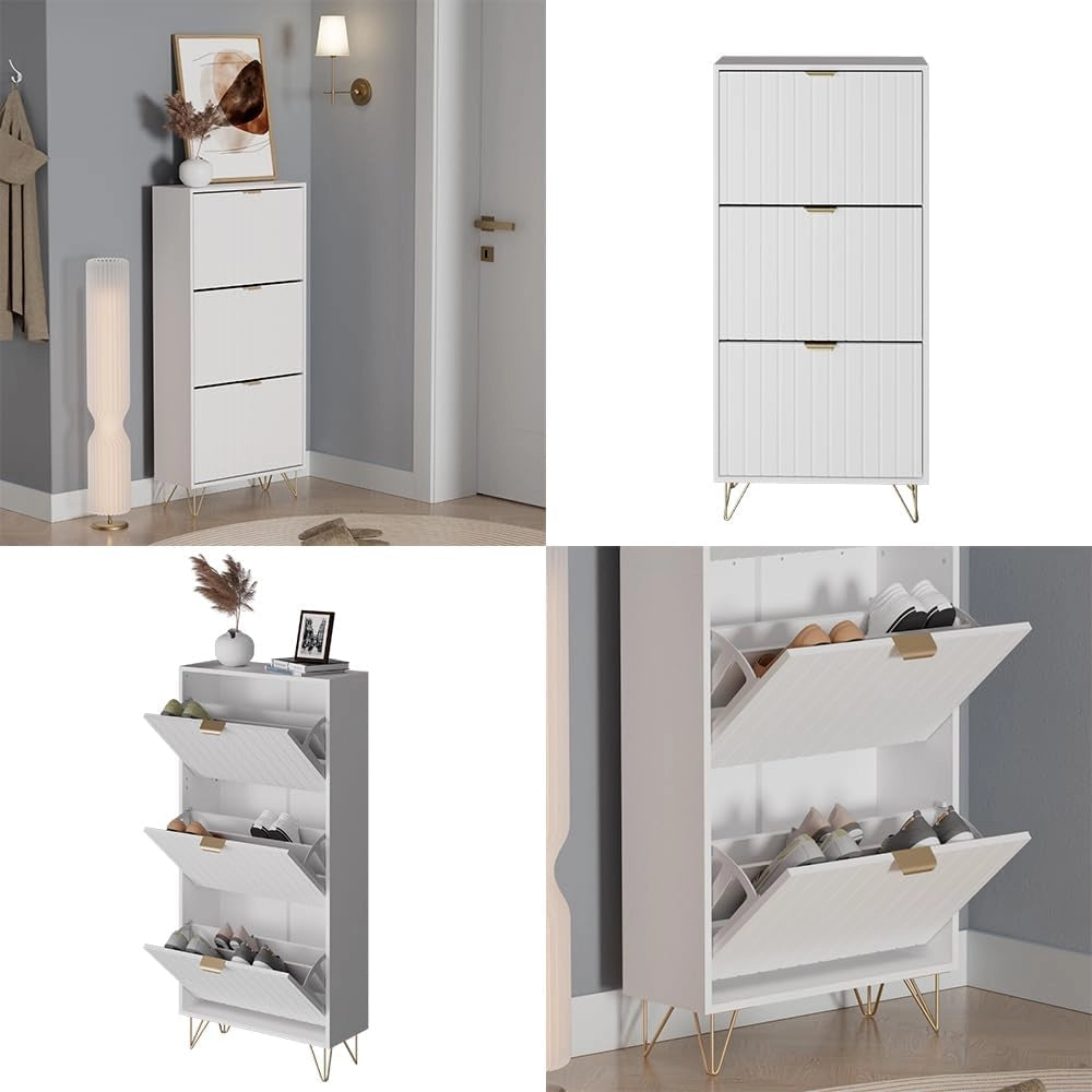 Armadio per le scarpe Helge, Bianco, 60 x 128.5 cm 3 scomparti, per la conservazione e l’organizzazione delle scarpe nell’ingresso