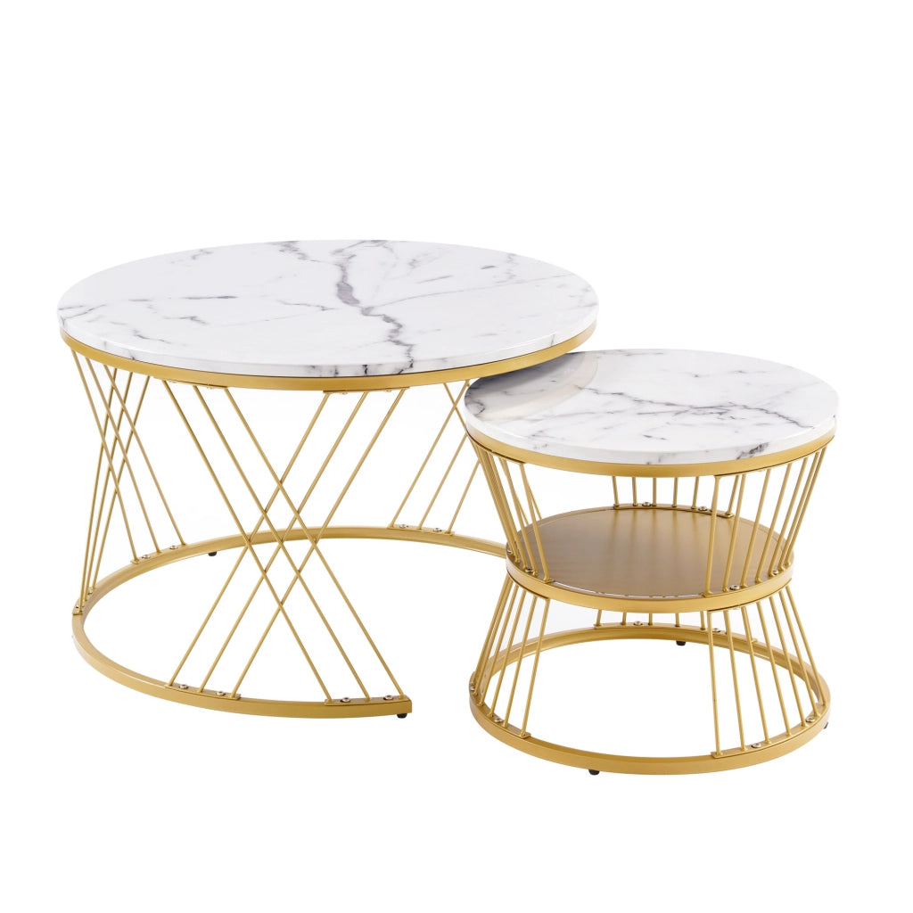 TAVOLINO da caffè set 2 pezzi rotondo impilabile 70/45 cm MDF bianco e oro