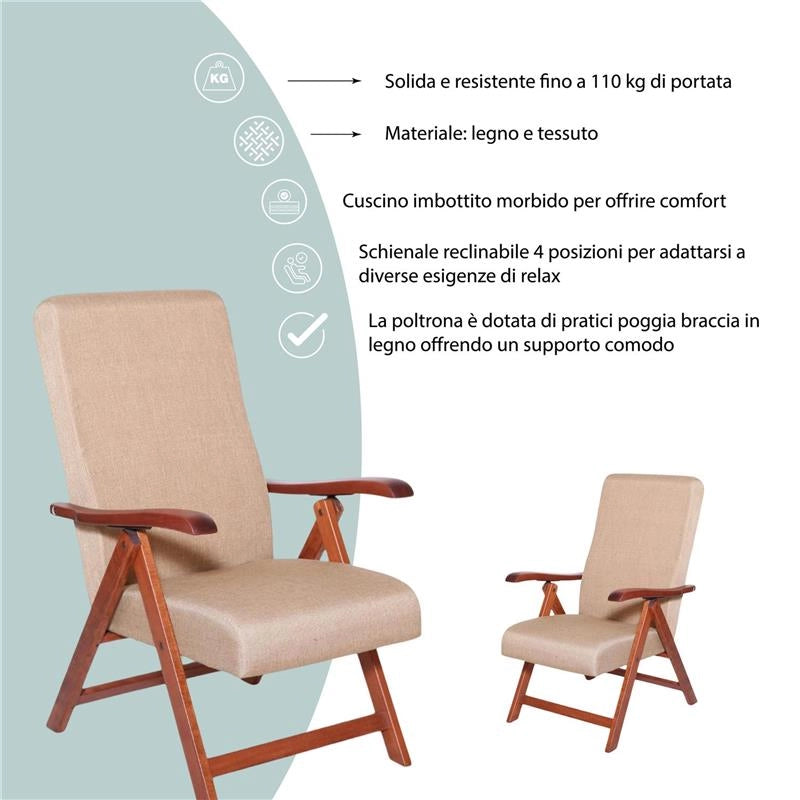 POLTRONA MIAMI CILIEGIO BEIGE IN FAGGIO CON IMBOTTITURA POGGIATA SU CINGHIE SCHIENALE REGOLABILE 4 POSIZIONI