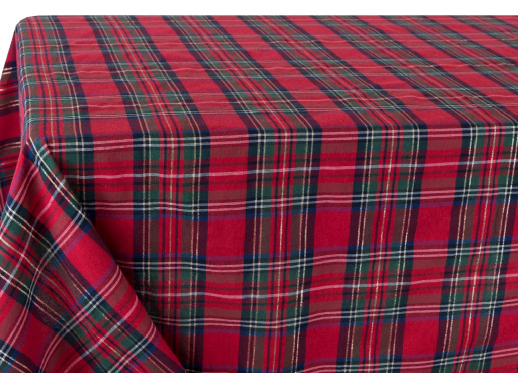 Tovaglia Cucina Soggiorno Misto Cotone Fantasia Tinto In Filo Con Lurex Mod. Natalina Scozzese - 140x450cm - Rosso