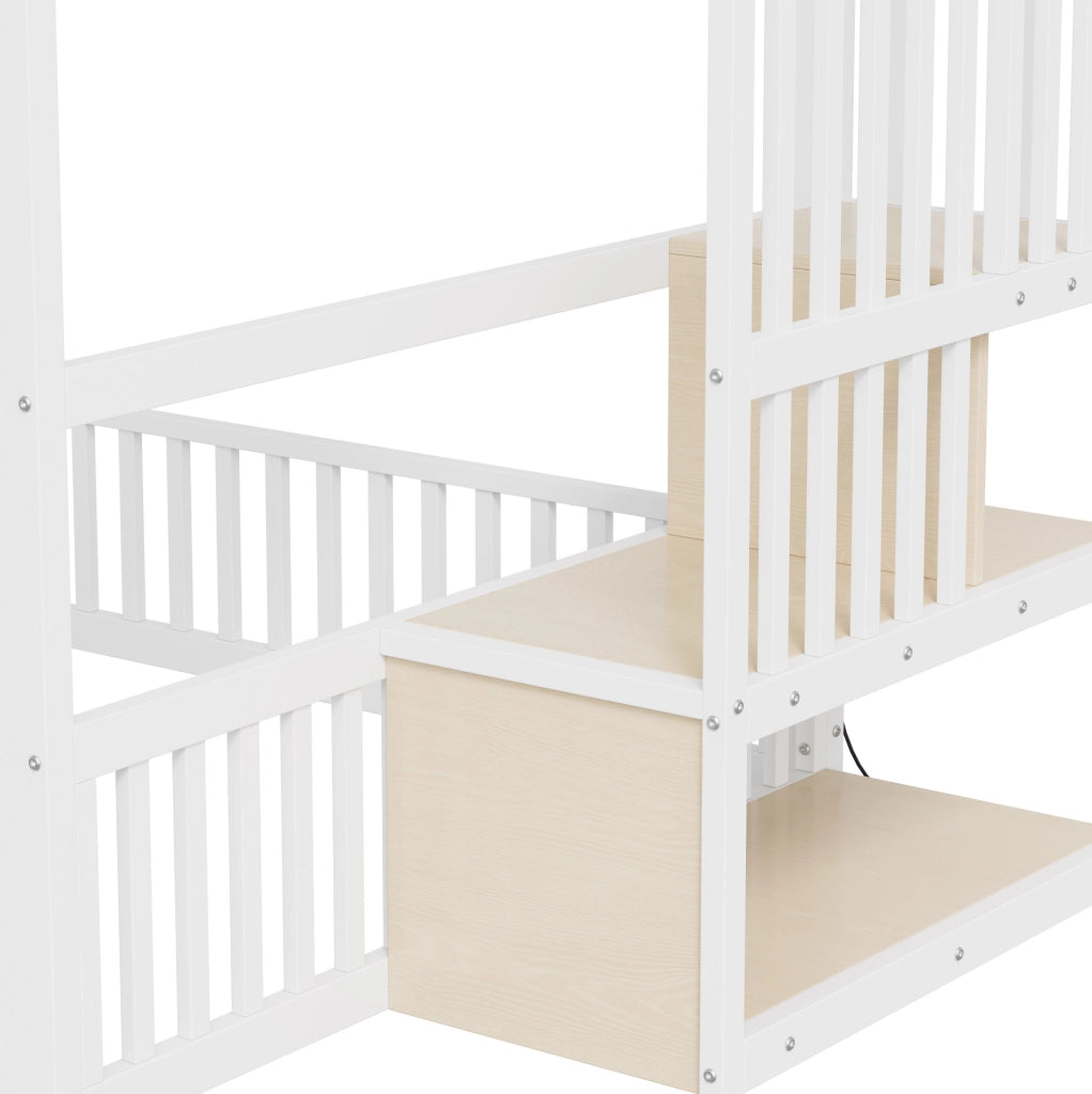 Letto a castello 140x200 con scala contenitore e illuminazione LED, bianco