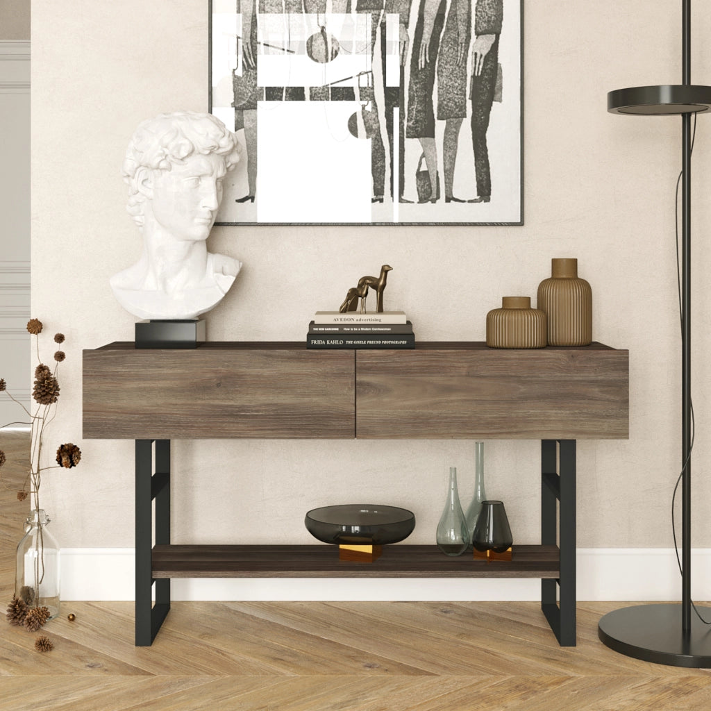 Tavolo Consolle Lappeenranta Mobile Contenitore con Ante a Ribalta 76x139x43 cm Effetto Rovere Scuro/Nero [en.casa]