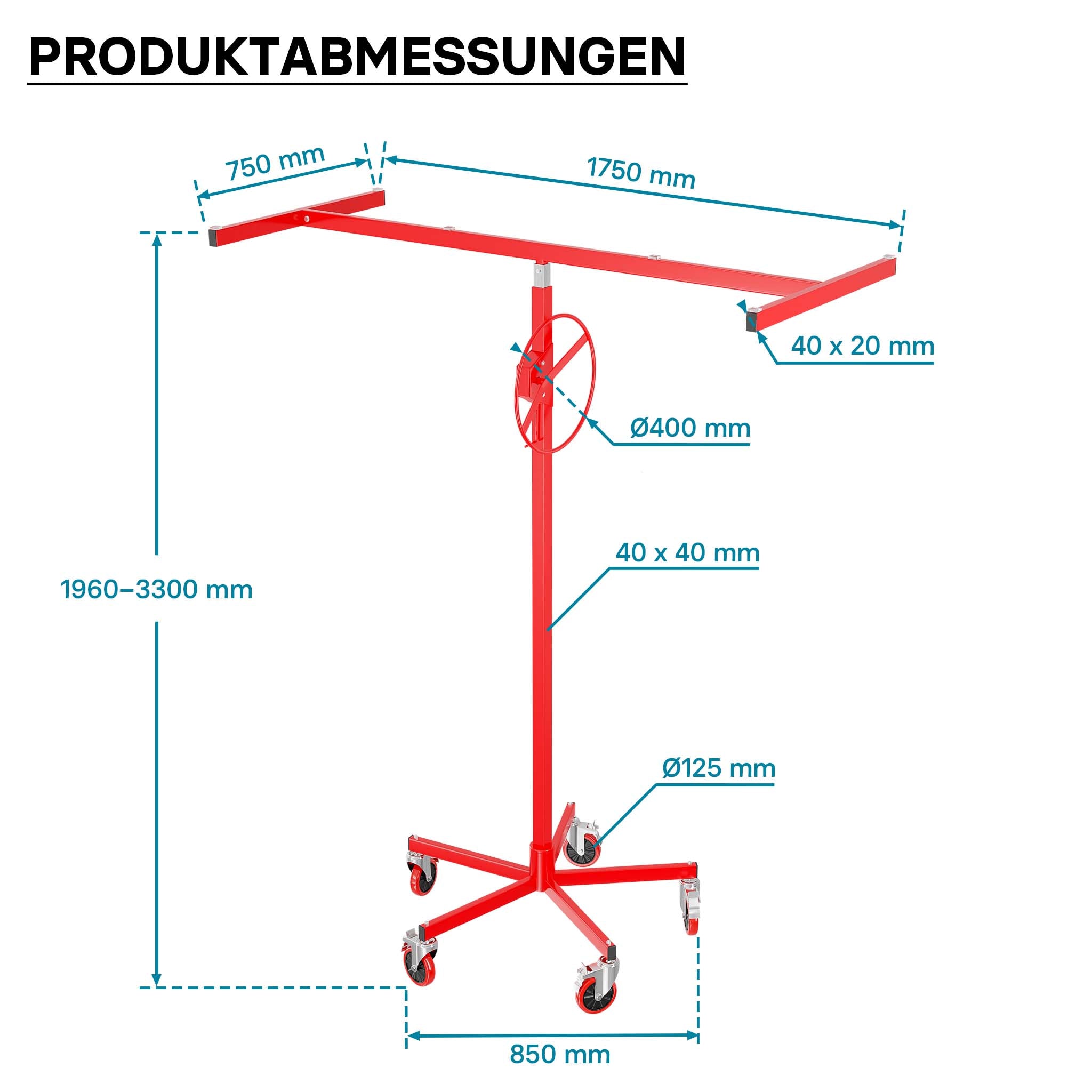 Sollevatore pannelli cartongesso max 68kg, altezza 190-330cm, Carrello Alzapannelli Alzalastre