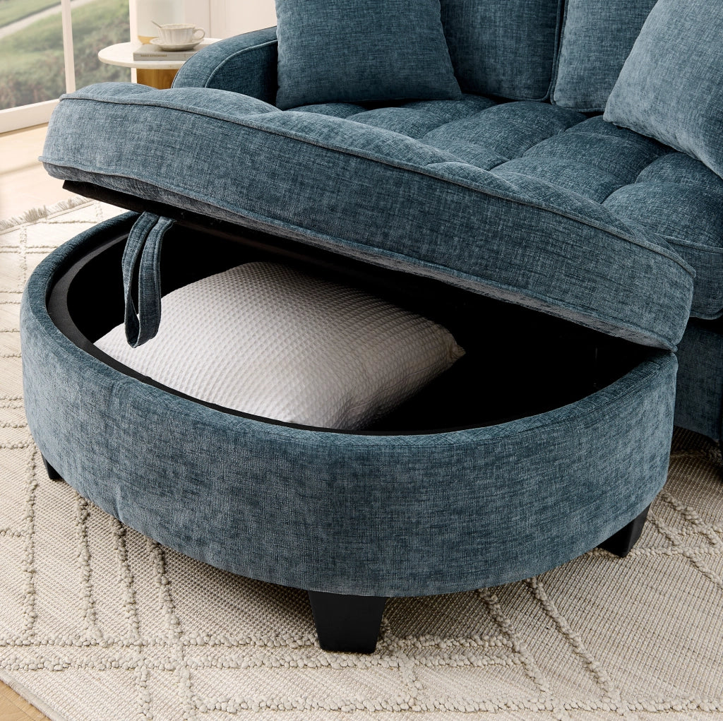 Divano letto 2-in-1 con pouf contenitore 132x129x93 cm; legno di eucalipto blu