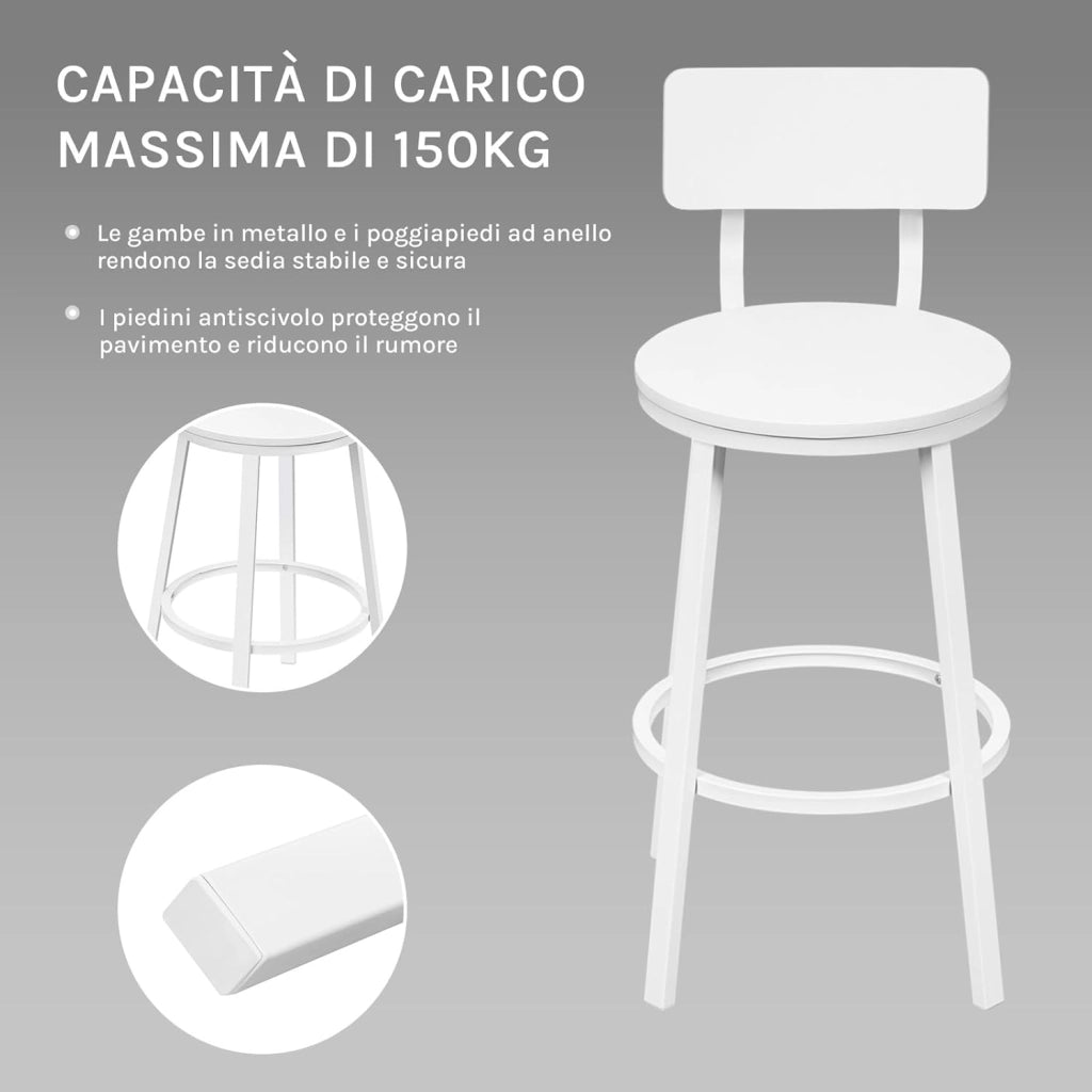 Sgabelli Cucina Set di 2, Sgabelli da Bar per Colazione, con Poggiapiedi e Schienale, Struttura in Metallo, Bianco