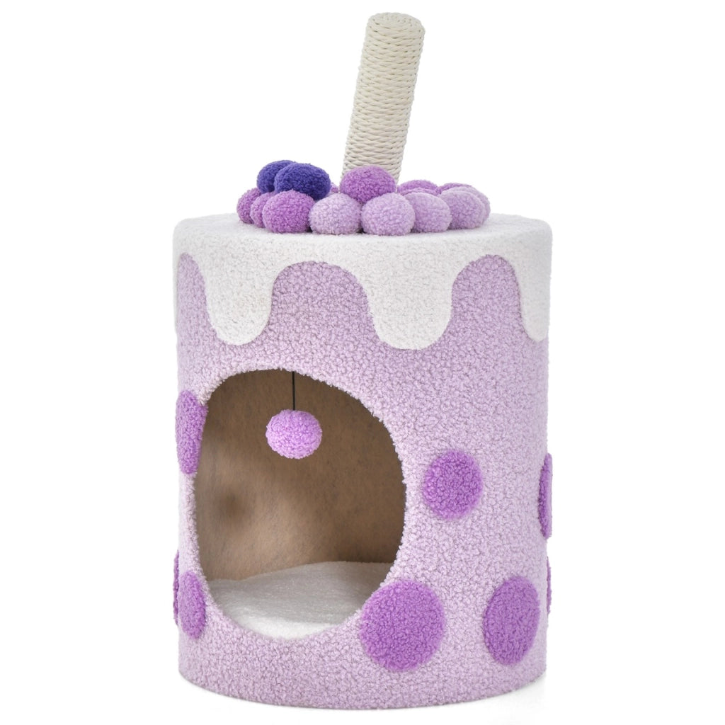 Albero per gatti a forma di bubble tea, Mobile per gatti con tiragraffi in sisal palline appese Viola-Alberi Tiragraffi