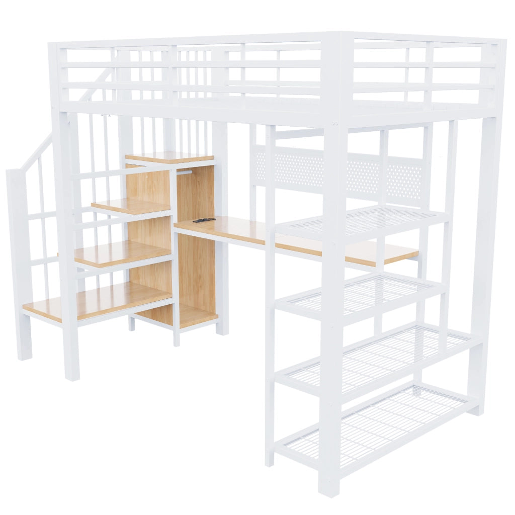 Letto a soppalco singolo 90×200 cm con scala contenitore; LED; prese e scaffale; senza materasso; bianco