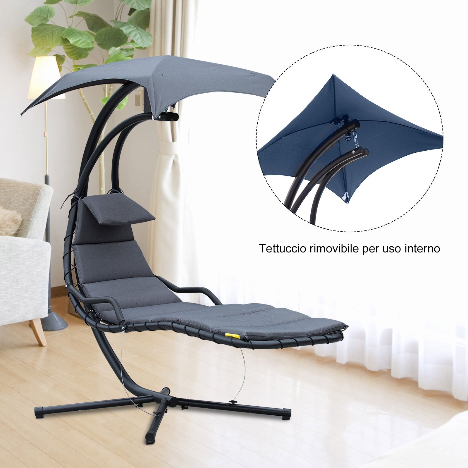 Sedia Dondolo Pensile Relax Chaise Longue con Tettuccio Grigio