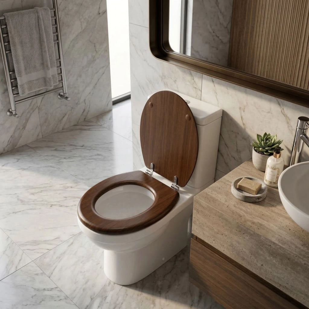 Sedile Copriwater Universale MDF Legno Con Cerniere Inox 440x375 52948A