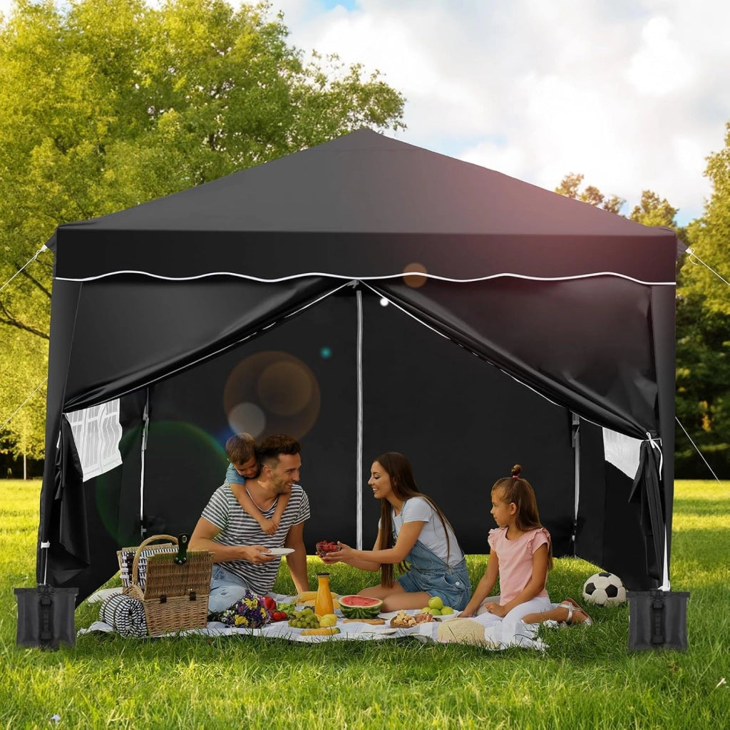 Gazebo Pieghevole 3x3 Impermeabile con 4 PCS Sacchi di Sabbia, UV 50+ 4 Pareti Laterali, Tenda da Campeggio, Giardino, Festival e Feste Nero