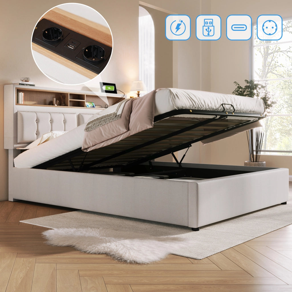Letto Contenitore Matrimoniale con USB; Tipo C e 4 Vani 160 x 200 cm; senza Materasso; Lino; Beige