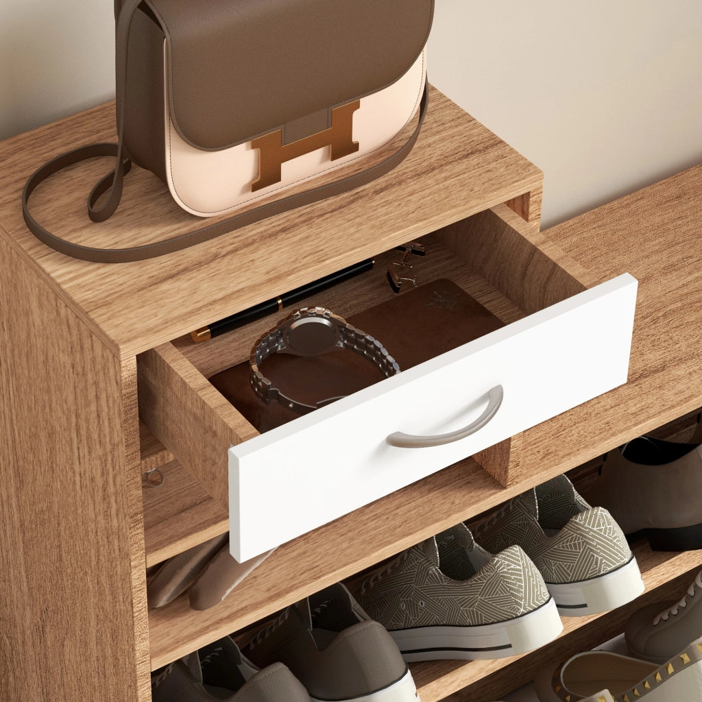 Mobile Appendiabiti 3 in 1 con Scarpiera e Specchio, Ganci e Cassetti, in Legno, 90x24x177 cm, Bianco e Noce