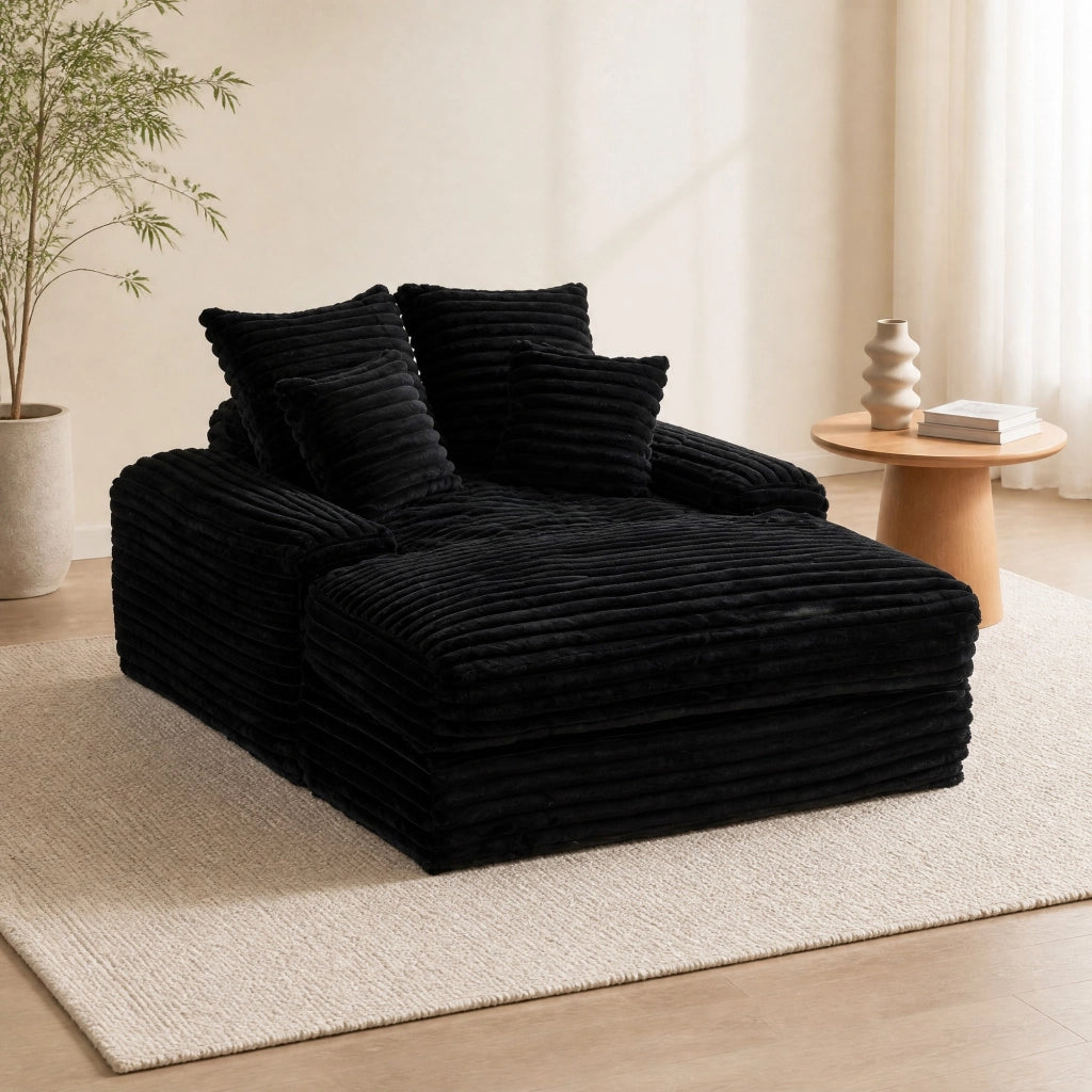 CHAISE LONGUE 175x137x63 cm in velluto a coste nero, 4 cuscini rimovibili