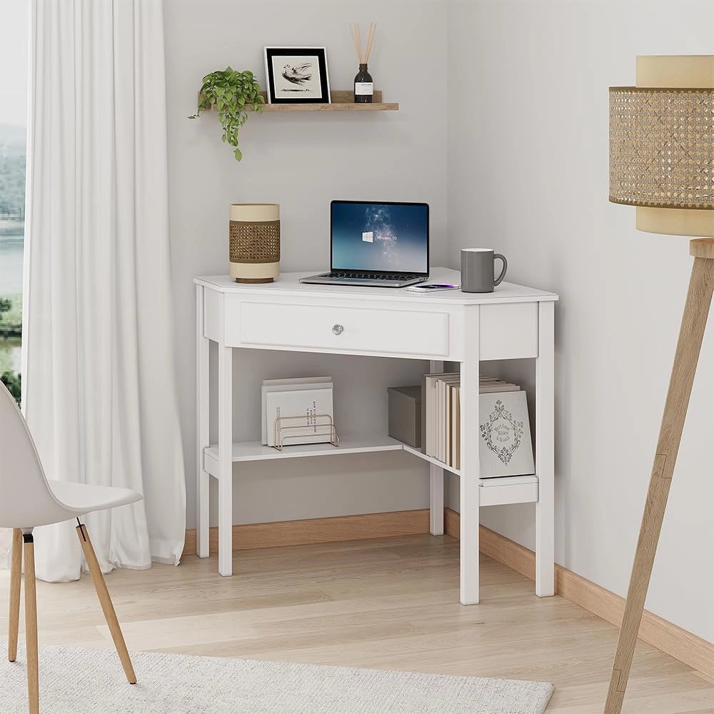 Scrivania ad angolo Velto, Bianco, 75 x 71.6 cm, adatto come postazione di lavoro per PC, laptop e documenti