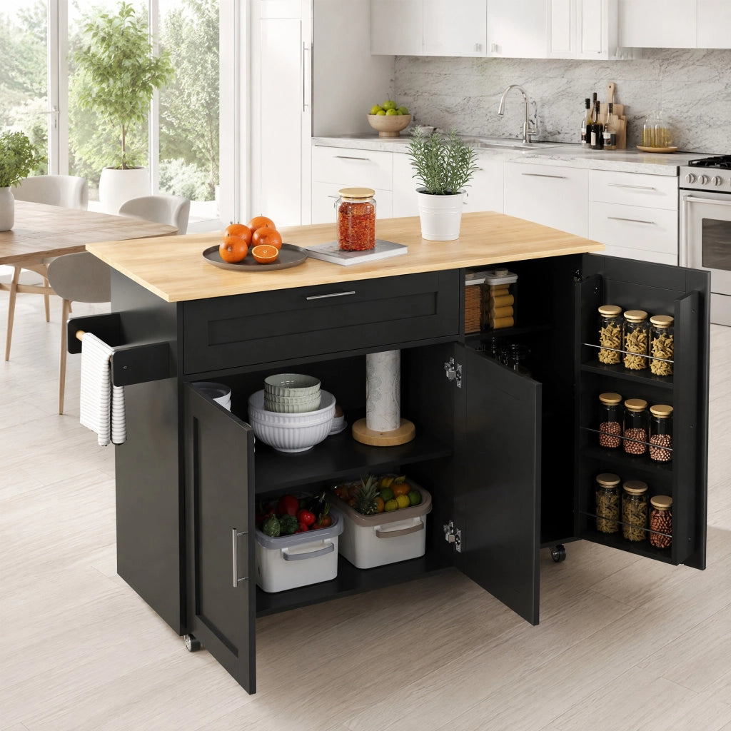 CARRELLO DA CUCINA PIEGHEVOLE 132,5x44(70)x90 cm MDF Nero/Naturale