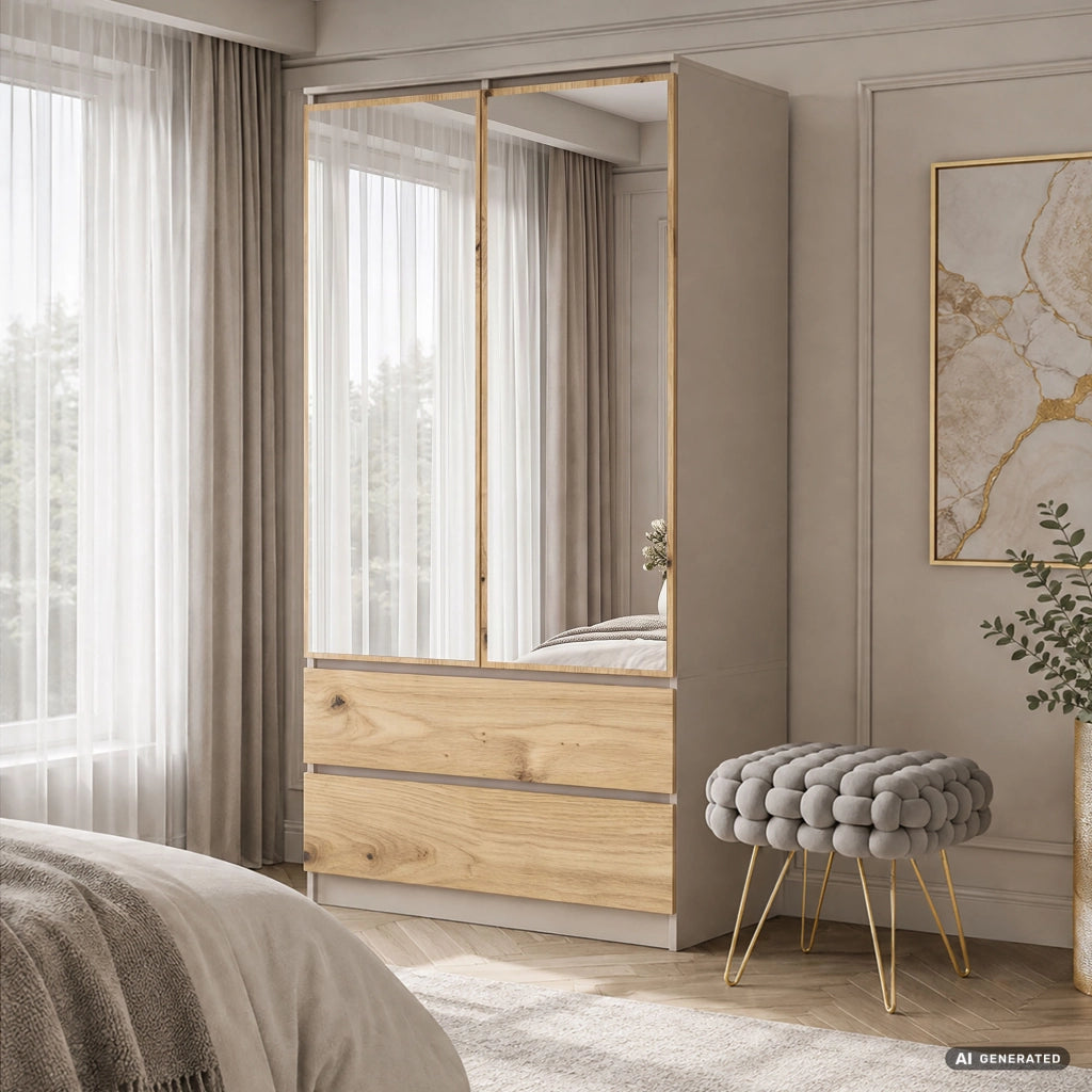 Armadio S90 con specchio integrato Cashmere 90 cm 2 ante 2 cassetti Colore dei frontali Rovere Artisan 4 ripiani 90x51x180 cm