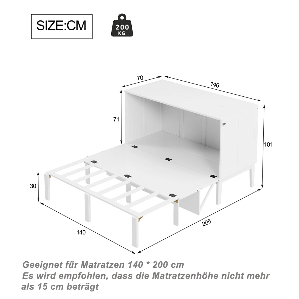 DESMIU Letto a scomparsa 2 posti con vani portaoggetti e funzione consolle 140 × 200 cm, senza materasso, bianco