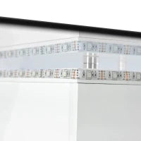 Tavolino da salotto moderno in vetro lucido con striscia LED regolabile e ruote girevoli, 80×80×40 cm, Bianco+Nero