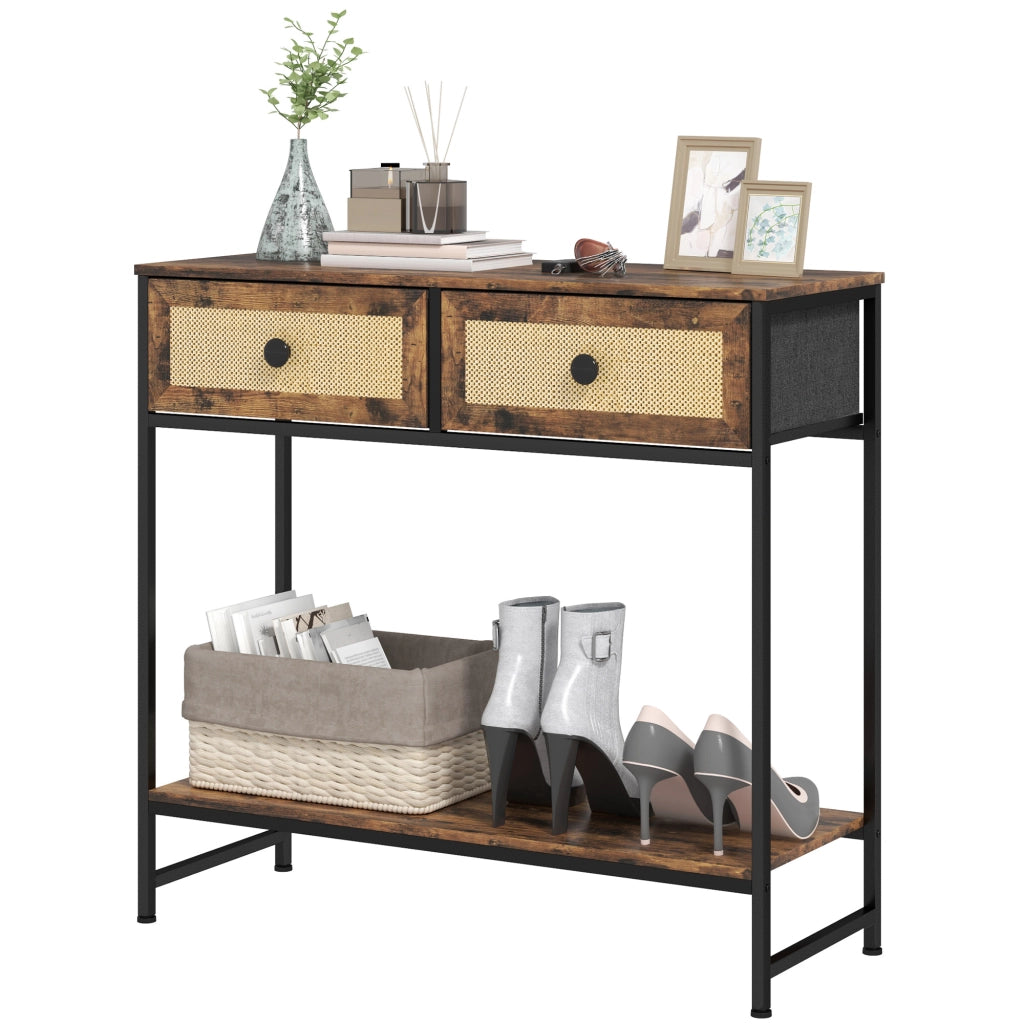 Consolle Ingresso con Ripiani e 2 Cassetti Rattan ¨C Xylo ¨C 80x30x75 cm Marrone