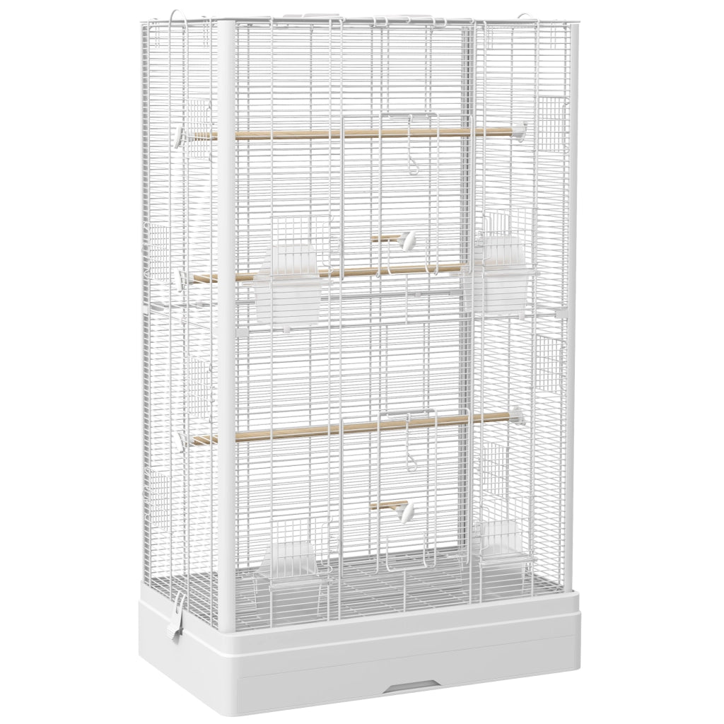 Voliera Gabbia per Uccelli 61x36,5x98 cm con Vassoio Estraibile e Posatoi per Pappagalli in Acciaio Bianco