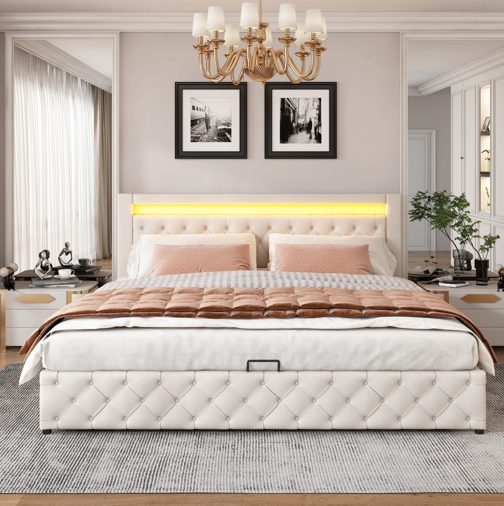Letto imbottito matrimoniale 180x200 cm in PU bianco con contenitore e LED
